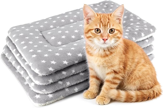 4 Pack Cat Bed Mat, 22" x 15" Soft Fluffy Flannel Small Pet Blanket, Washable Sleeping Pad for Indoor Cats, Kittens, Puppies, Star Print - Grey