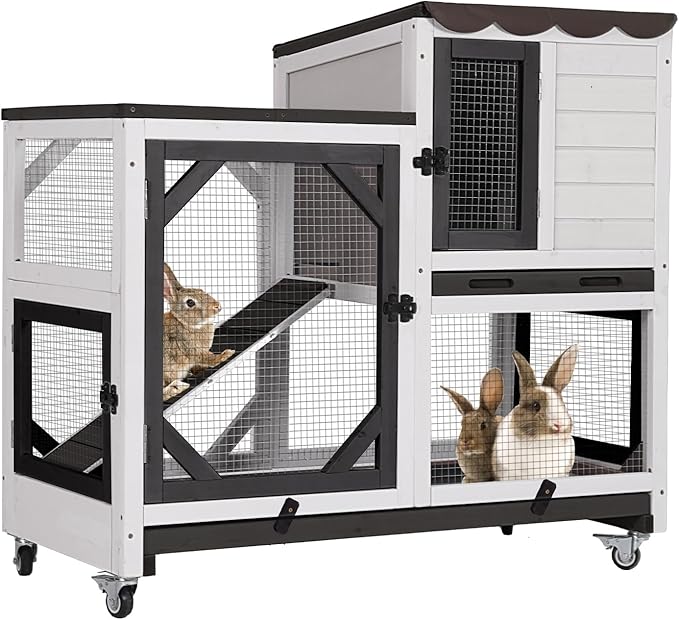 GUTINNEEN Rabbit Hutch Mobile Bunny Cage with Wheels, Chewproof Ramp, Leak Proof Trays – Ideal Cage for Rabbits, Guinea Pigs, and Chickens, Indoor/Outdoor Use,39.4" L x 22" W x 37" H, Black and White