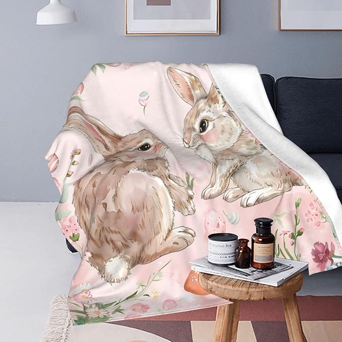 Cute Rabbit Blanket Bunny Flower Decor Pink Throw Blanket Gifts for Girls Boys Rabbit Lover Couch Bedding Super Warm Soft Plush Lightweight Fleece Flannel Blanket for Kids Adults Men Women 80"X60"