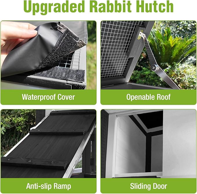 Rabbit Hutch Indoor Outdoor, 2-Story Bunny Cage with Wheels, Wooden Rabbit House with Leakproof Trays, Rain Cover, Guinea Pig Cages with Chew-Proof Ramp (White)