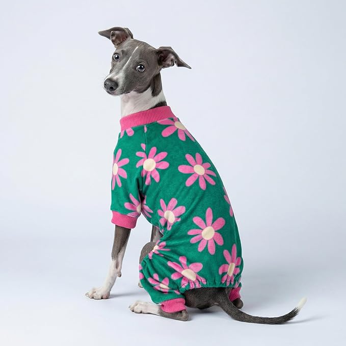 Fitwarm Flower Fleece Dog Pajamas, Warm Winter Dog Clothes for Small Dogs Girl, Cozy Pet Onesie with Feet, Dark Green, XS