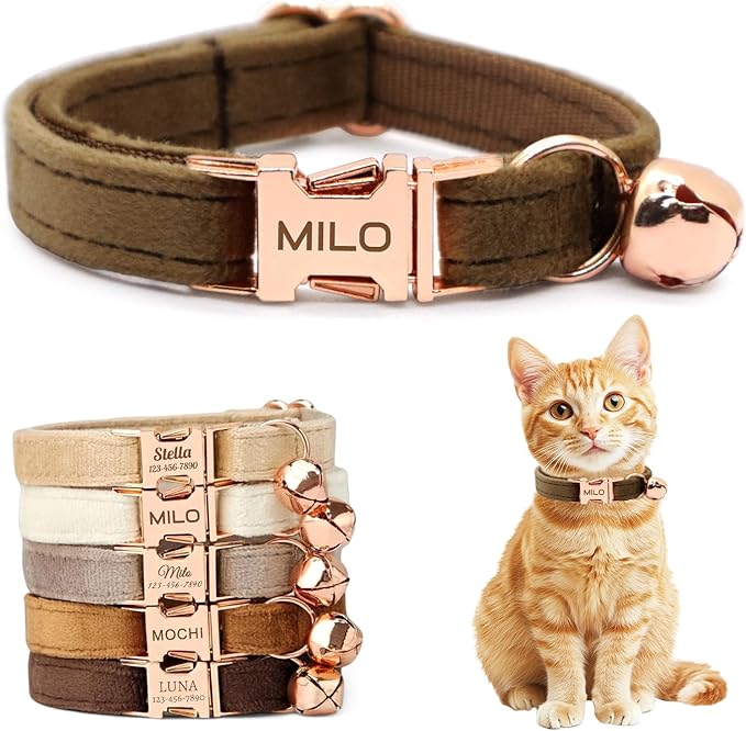 Personalized Non-Breakaway Cat Collar with Name, Luxury Soft Velvet Custom Engraved Name Collar with Bell for Kittens & Cats (Dark Brown, L (7.5-12.5 inches))