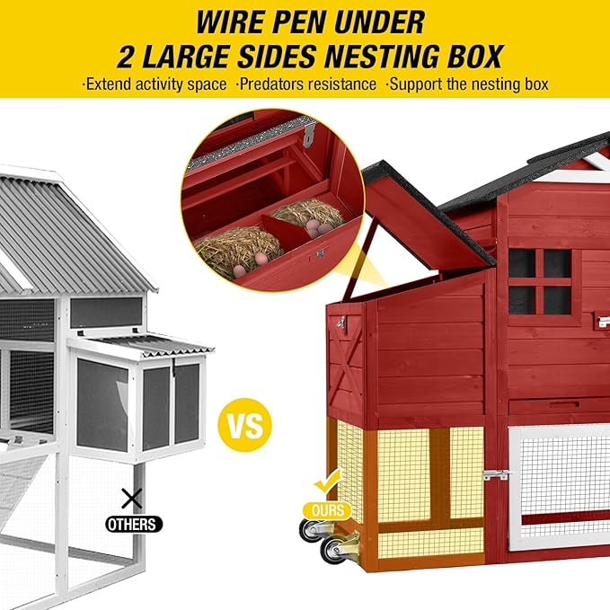 Aivituvin Chicken Coop Mobile Chicken House on Wheels Expandable Wooden Poultry Cage with Large Nesting Box Leakproof Pull-Out Tray Rabbit Hutch Bunny Cage,UV-Resistant Roof