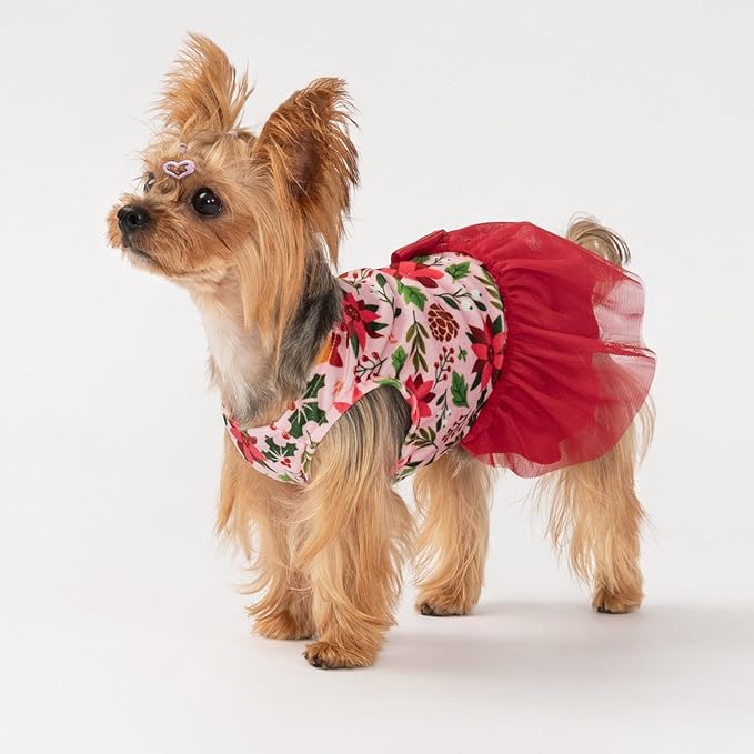 Fitwarm Christmas Flowers Dog Tutu Dress, Elegant Winter Clothes for Small Dogs Girl, Holiday Pet Outfit, Red, Pink, XS