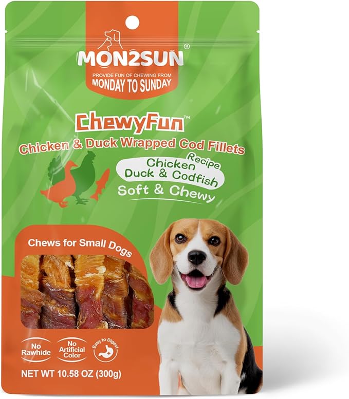 MON2SUN Dog Treats, 4-4.5 Inch Chicken and Duck Wrapped Cod Fillets, Rawhide-Free, Soft and Training Treats for Small Dogs, 10.58 oz (30 Count)