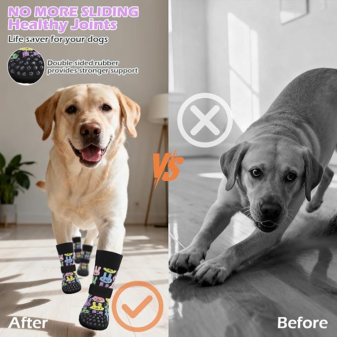 EXPAWLORER Anti Slip Dog Socks to Prevent Licking Paws, Dog Shoes for Hot Pavement, Dog Booties for Small Medium Large Senior Dogs, Traction Control Boots & Paw Protectors for Hardwood Floors Easter L