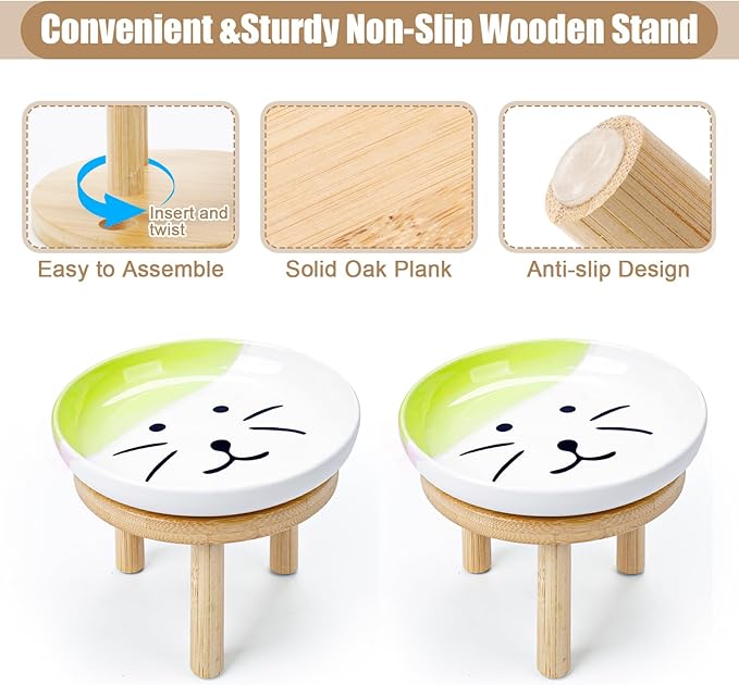 Shallow Elevated Cat Bowls with Bamboo Stand, 5.9 Inch Wide Ceramic Cat Dish Whisker Friendly, 2 Pack Pet Food and Water Plates