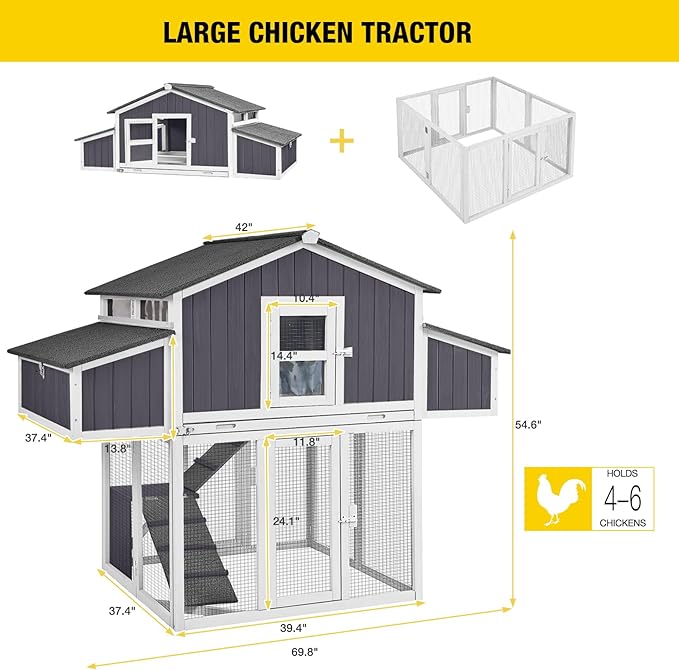 Large Chicken Coop, Wooden Chicken Coops with Nesting Boxes and Removable Tray, Waterproof Hen House with Asphalt Roof, Poultry Cage for Outdoor Backyard, Unique Folding Design (Black)