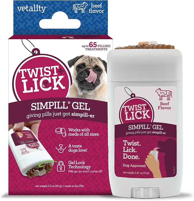 Vetality Twist + Lick SimPill Pill Hider Treat for Dogs, Beef Flavor (Up to 65 Treatments)