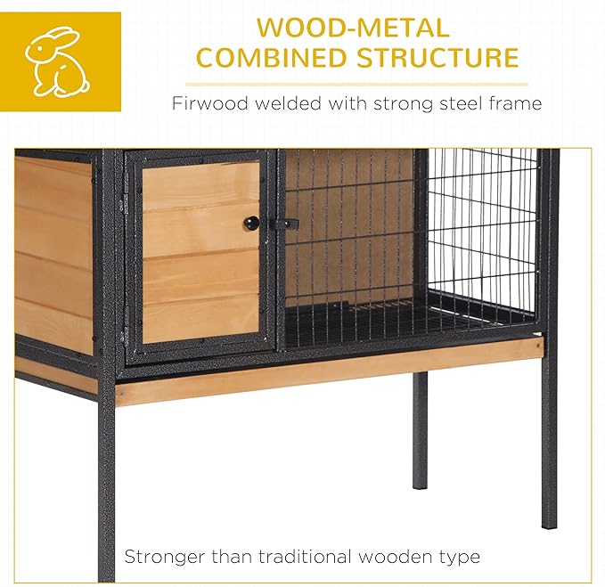 PawHut Rabbit Hutch Elevated Bunny Cage Small Animal Habitat with Metal Frame, No Leak Tray, Metal Wire Pan, Openable Water-Resistant Asphalt Roof for Rabbits, Chickens, Ducks, Indoor/Outdoor Natural