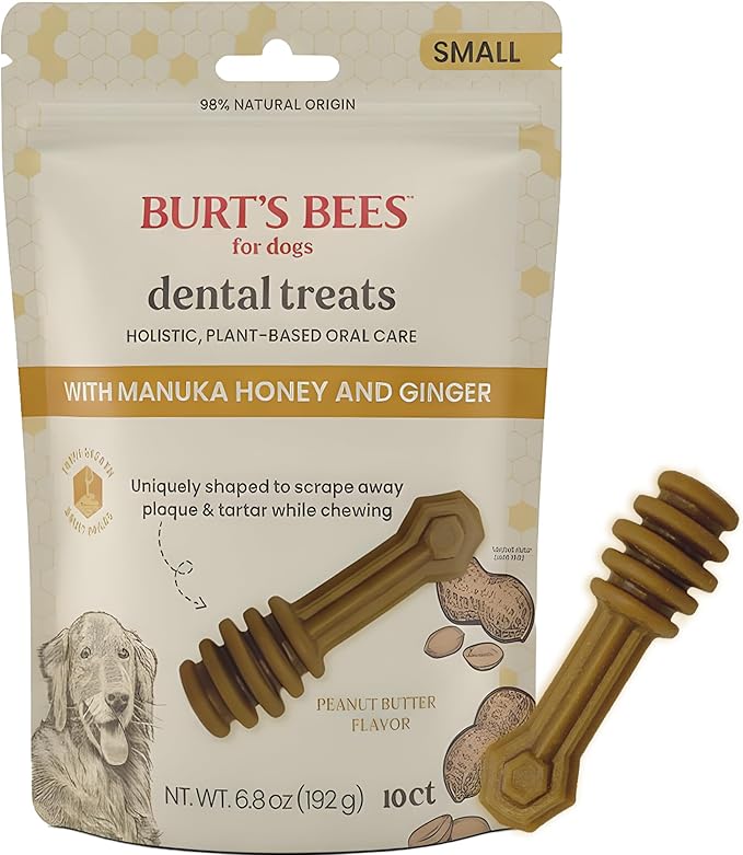 BURT'S BEES FOR PETS Dental Treats for Dogs with Manuka Honey & Ginger, Holistic, Plant-Based Oral Care, 98% Natural Origin Formulas, Peanut Butter Flavor, Dog Treats Small Dogs, Sz Small 10ct, 7 oz