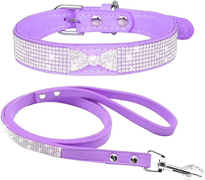 Cute Dazzling Sparkling Elegant Fancy Soft Suede Leather Bling Rhinestone Crystal Jeweled Pet Cat Dog Puppy Collar Dog Leash Combo Set (M(Neck 12.5-15"), Purple-3)