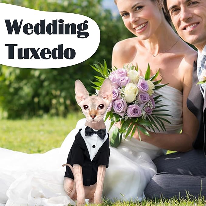 QBLEEV Cat Tuxedo Outfit, Formal Cat Suit Costume with Bow Tie, Sphynx Hairless Clothes for Cats Only, Kitten Wedding Birthday Party Attire Apparel for Male Boy, Cute Small Pet Gentleman Formal Wear
