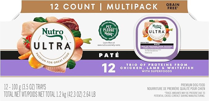 Nutro Ultra Dog Food, Wet Dog Food, Pate Trio of Proteins: Chicken, Lamb, Whitefish, 3.5 oz. Trays (12 Count, Pack of 1)