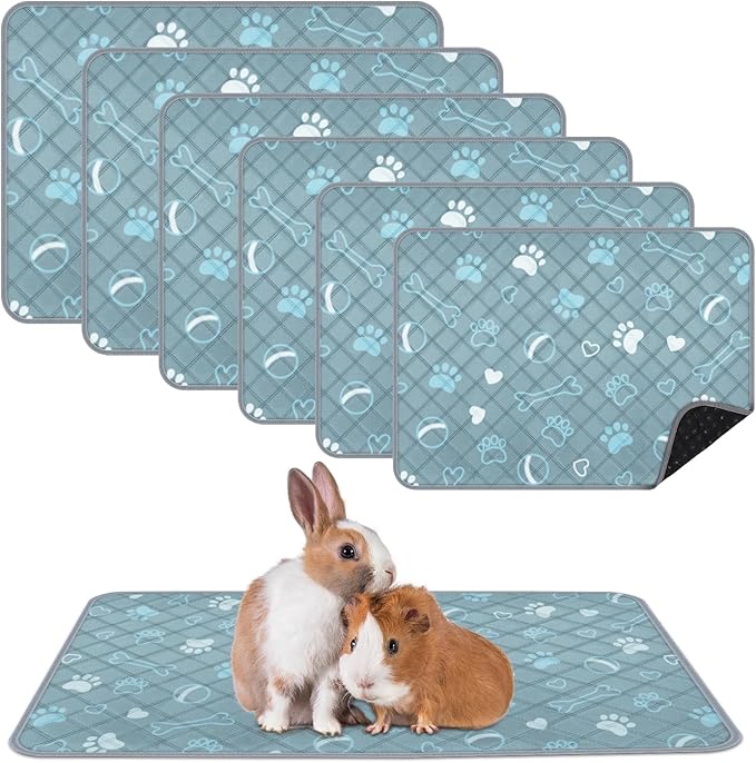 6 Packs Washable Guinea Pig Cage Liners with with Paw Print, Waterproof Guinea Pig Pee Pads Reusable Absorbent Bedding Anti Slip Mats for Small Animals Bunny Rabbit Hamster (Blue, 24 x 18in)
