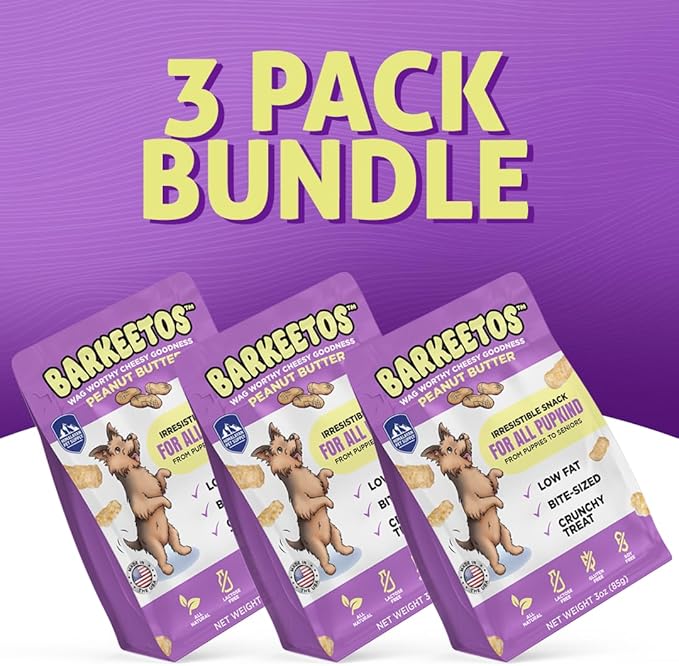 Barkeetos Dog Treats – Crunchy and Cheesy Pet Snacks Made with Real Himalayan Cheese & Peanut Butter, Gluten-Free, Grain-Free, Lactose-Free, Natural Dog Food for All Breeds and Sizes – 3-Pack