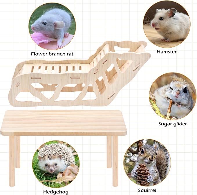 (2-piece Set) Hamster Game Wooden Platform, Tunnel Ladder Hidden Area Platform with Wooden Support Columns, Toy cage Accessories for Hamster Squirrels and Other Small Pets
