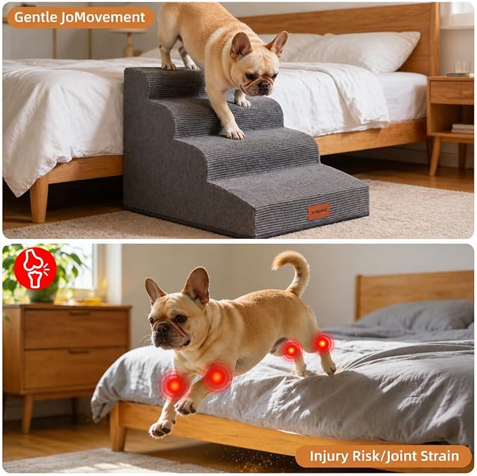 Dog Stairs for Small Dogs and Cats, 19.7" H, 4-Step Curved Pet Ramp for Beds or Couches, Non-Slip Medium Pet Steps with High Density Foam, Grey