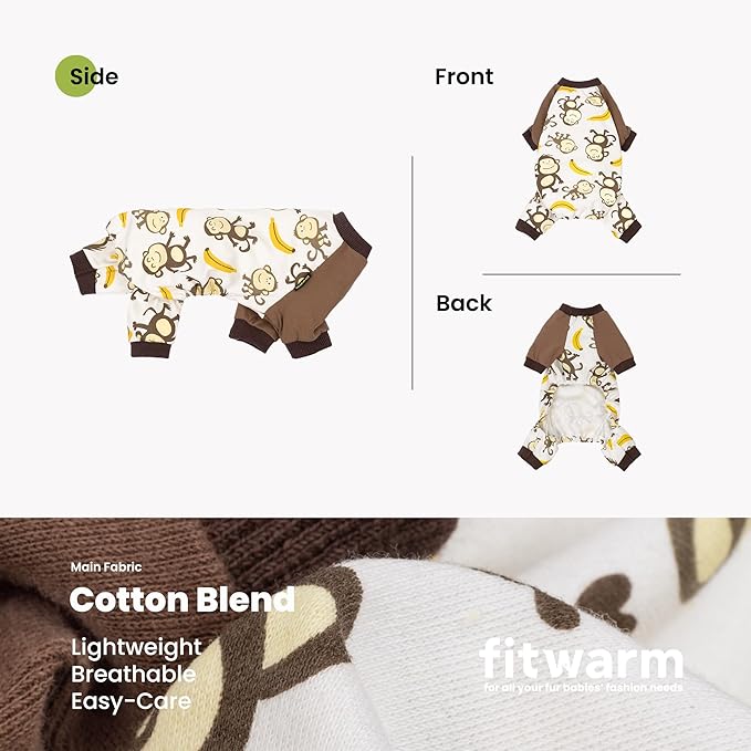 Fitwarm Monkey Dog Pajamas, Cute Dog Clothes for Small Dogs Boy Girl, Pet Onesie Clothing, 100% Breathable Cotton, Brown, Large