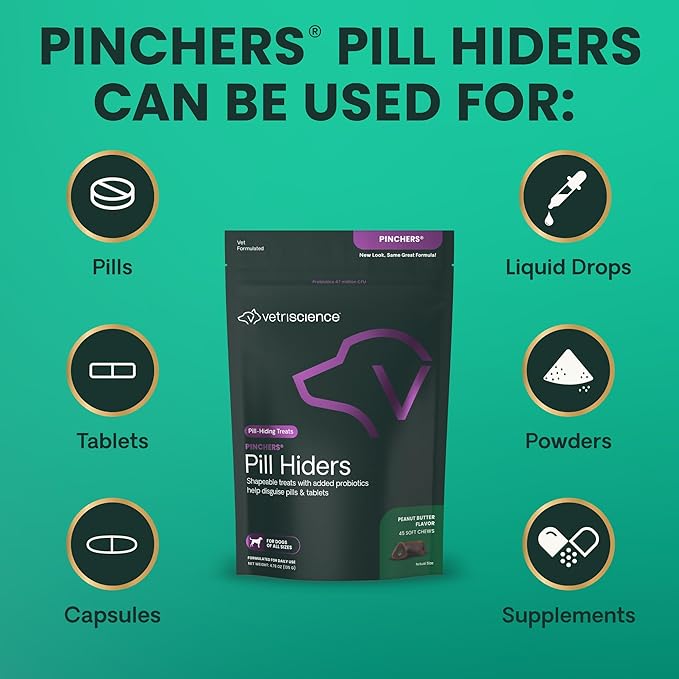 VetriScience Pinchers Pill Hiders Chews, Non-Greasy with Probiotics for Dogs, Disguise Small Capsules and Tablets, Soft and Chewy, Gut and Immune Support, Peanut Butter, 45 Count