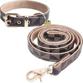 Dog Leather Collar and 4 ft Leash, KUDES Adjustable Basic Collar with Bell Checkered Pattern Durable Leather Collar and Leash with Metal Buckle for Small Medium Large Dogs