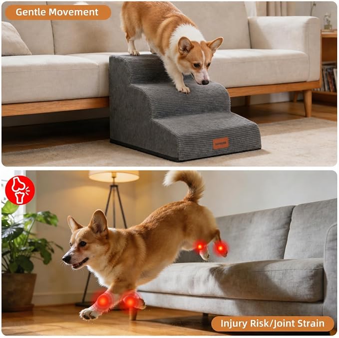 Dog Stairs for Small Dogs and Cats, 15.7" H, 3-Step Curved Pet Ramp for Couch Sofa and Chair, Non-Slip Medium Pet Steps with High Density Foam, Grey