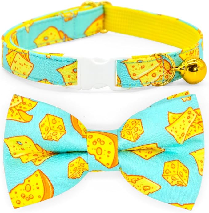 Cheese Cat Bow Tie Collar, Blue & Yellow Cheese Pattern, Wedding/Birthday/Festivals Cat Collar, Quick Release Safety Breakaway Collar