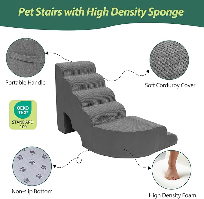 Dog Stairs for High Bed 28-32 Inches Tall, 6 Tier Non-Slip Pet Stairs Adjust to Left Side of Bed, Dog Steps for Small Dogs, Old Pets, and Injured Dogs, Gray