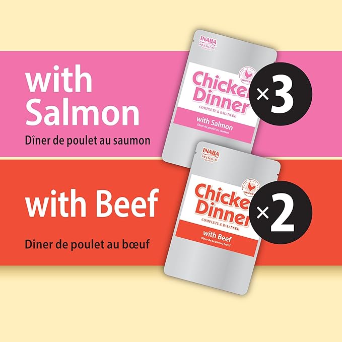 INABA Chicken Dinner for Dogs, Soft Pate Wet Dog Food, Complete & Balanced, 2.4 oz. Pouch, 15 Pouches, Salmon & Beef Variety