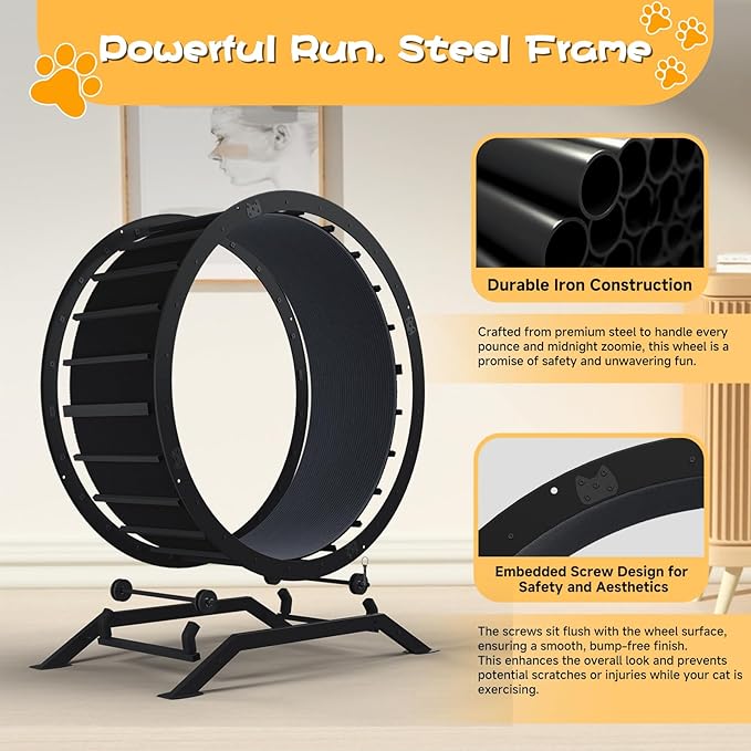 GTRACING Cat Wheels, 40" Diameter, Large Cat Exercise Wheel for Indoor Cats cat Treadmill Metal with Detachable Carpet & Teaser/Stickers, Ultra-Quiet Scroll Wheel with Latch, Safe and Stable, Dark