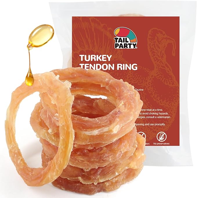 TailParty Turkey Tendons for Dogs with Fish Oil & Taurine: All Natural Dental Chews & Training Treats, Long Lasting Snack for Health-Conscious Pet Owners(Ring, 8 oz)