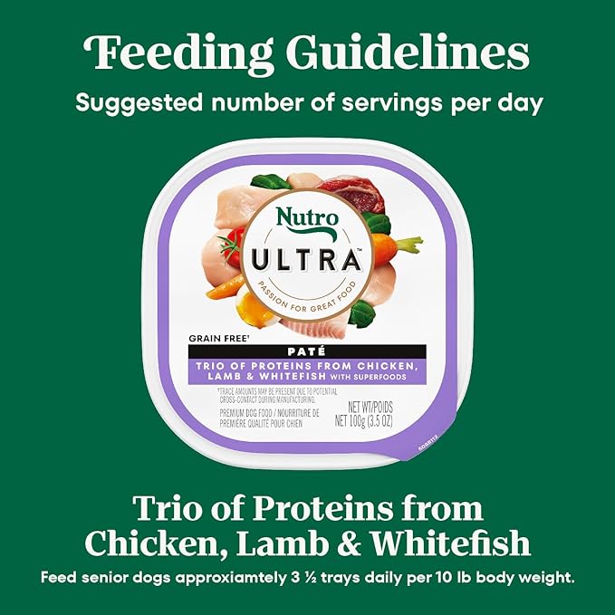 Nutro Ultra Dog Food, Wet Dog Food, Pate Trio of Proteins: Chicken, Lamb, Whitefish, 3.5 oz. Trays (12 Count, Pack of 1)