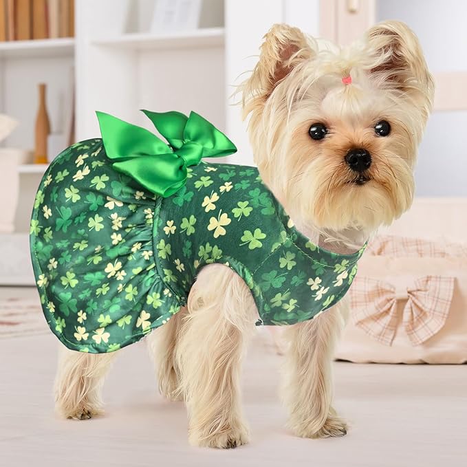 Idepet St. Patrick's Day Dog Dress with Bow Dog Tulle Skirt for Small Dog Girls Green Puppy Dress Cat Apparel Pet Holiday Outfits (Green, Medium)