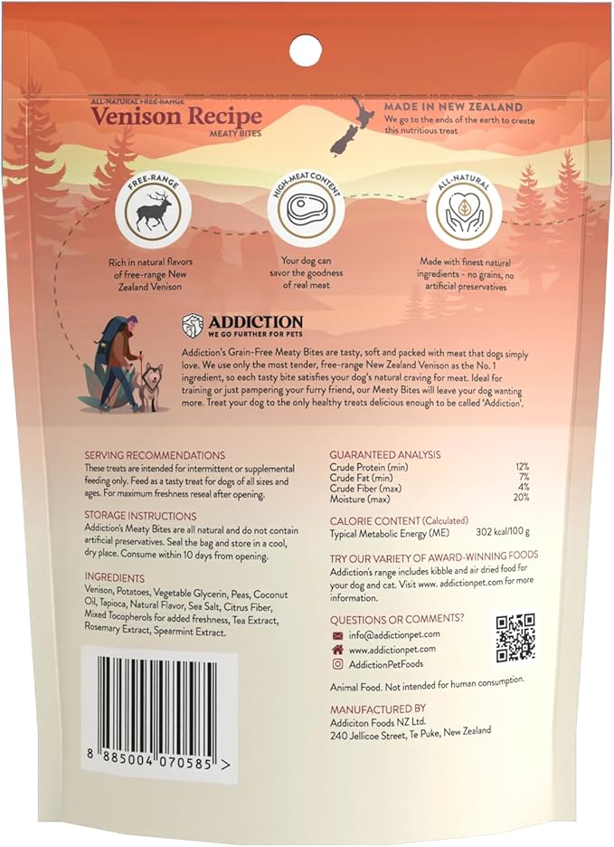 Addiction Meaty Bites - Hypoallergenic Dog Treats - Made in New Zealand - High Meat Content - Gluten and Grain-Free - Soft and Allergy Friendly (Venison, 4 Ounces - 3 Packs)