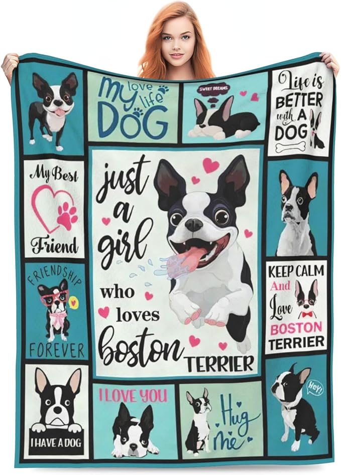 SweetFox Just A Girl Who Loves Boston Terrier Blanket, Funny Dog Decor Throw Blanket Gifts for Girls Boys Lover Super Warm Soft Plush Fleece Flannel Bedding Blankets for Kids Adults Men Women 60"X50"