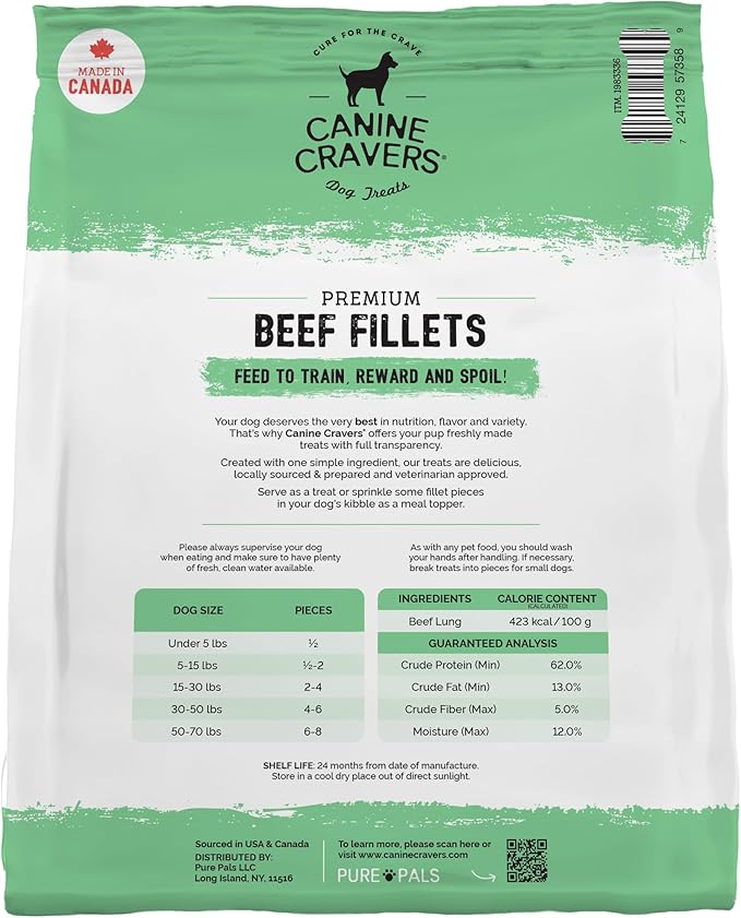 Canine Cravers Single Ingredient Dog Treats – Human Grade Air Dried Hypoallergenic Pet Food – Grain, Gluten, and Soy Free – 100% All Natural (Premium Beef Fillets, 20 oz)