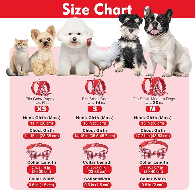 EXPAWLORER Cute Dog Harness Collar Leash Set - Red Girl Dog Harness Checkered Step-in Design, Detachable Bow Pet Collar, Adjustable No-Choke Lightweight Mesh Vest for Small Medium Dogs, M