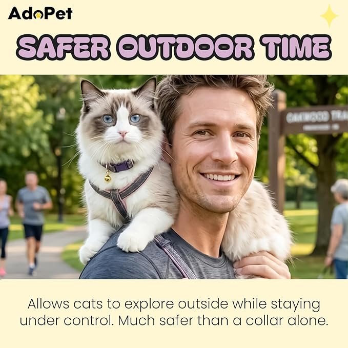 Adjustable Cat Harness, Leash and Collar Set for Small & Medium Cats, Lightweight Breathable Walking Harness with Matching Leash and Bell Collar (Pink, Medium)