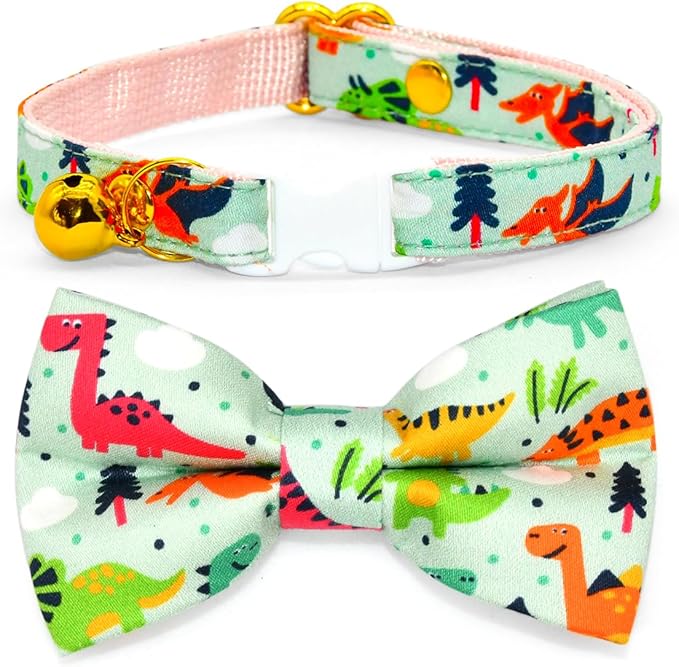 Cute Dinosaur Cat Bow Tie Collar, Green Cat Collar, Breakaway with Bell, Safety Plastic Buckle Collar for Cats
