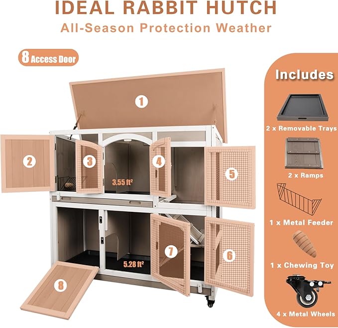 Gowoodhut 47"L Rabbit Hutch Indoor Wooden 2 Story Rabbit Large Bunny Hutch Outdoor Bunny Cage on 4 Metal Wheels and 2 Deeper Pull Out Trays, Ramp,Guinea Pig Pet House for Small to Medium Animals,Grey