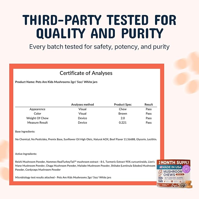 Pets are Kids Turkey Tail Mushroom for Dogs with Organic Real Turkey Tail™ - 8:1 Extract Mushroom Chews for Lumps & Bumps, Immunity, Gut, Skin, Joint & Spine Support - Reishi, Lion’s Mane - 60 Chews