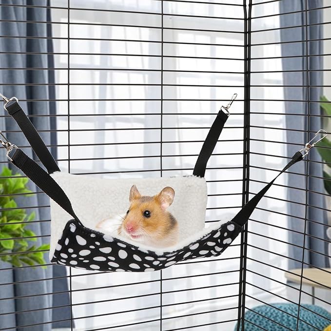 Wontee 2 Pack Small Animal Hammock Soft Fleece Sleeping Bed for Mice Rat Chinchilla Guinea Pig Ferret Kitten Cat Rabbit (S: 10.6x10.6inch, Black White Dot)
