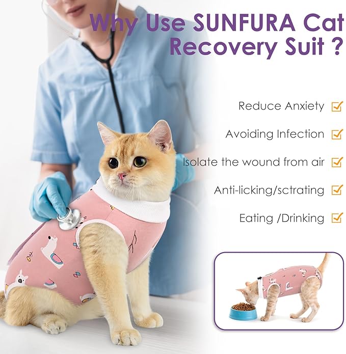Cat Recovery Suit, Kitten Surgical Full Bodysuit for Abdominal Wound Protector Anti Licking After Surgery, Professional Bandages Cone E-Collar Alternative for Small Male & Female Pets