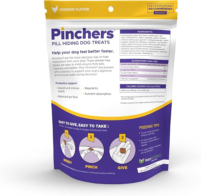 VETRISCIENCE Extra Large Pinchers Pill Hiders Chews, Non-Greasy Pill Wrap with Probiotics for Dogs, Disguise Pills, Capsules and Tablets, Soft and Chewy, Gut and Immune Health, Chicken, 2 Pack