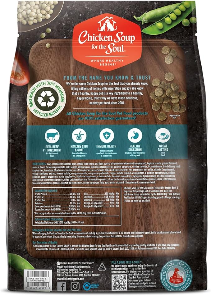 Chicken Soup for the Soul All Natural Premium Grain-Free All Life Stage Dry Dog Food, Real Meat First Ingredient, No By-Products, Added Taurine Supports Heart Health, Beef & Legumes, 22lb