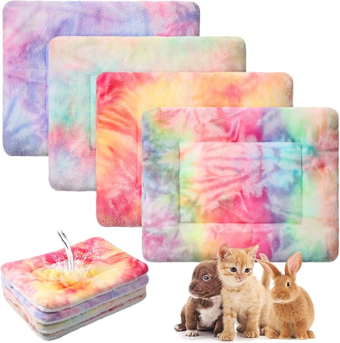 Haull 4 Pcs Waterproof Guinea Pig Bedding Guinea Pig Bed Plush Cage Liners Soft Rabbit Dog Crate Pad Cat Mat Reversible Cozy Animal Pee Pad Hamster Bunny Mat Accessory(Tie Dyed,13 x 18.5 Inch)