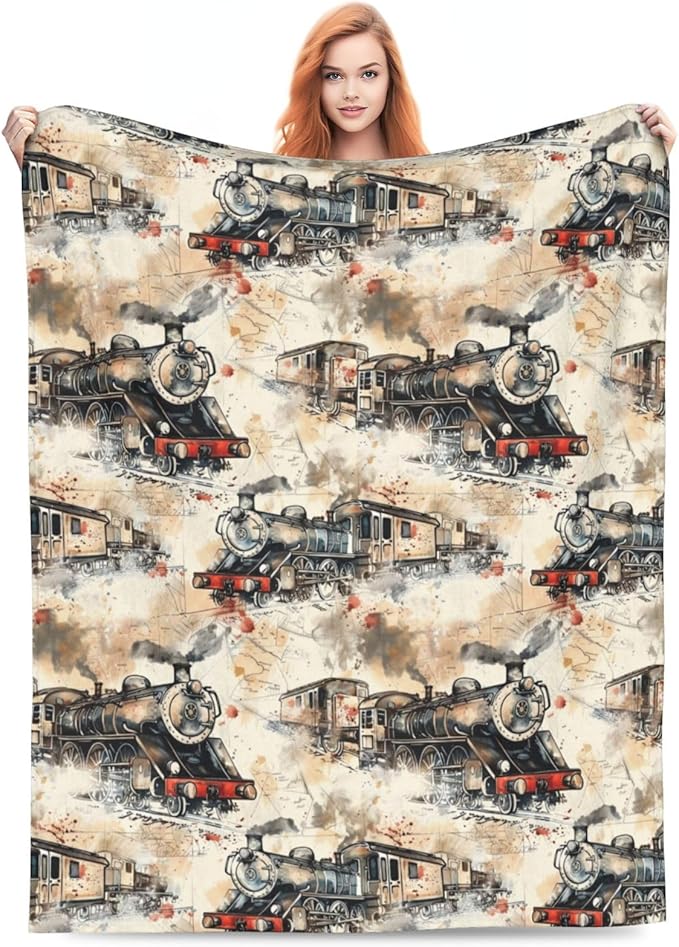 Train Blanket Gifts for Women Men Adults Train Lovers, Vintage Locomotive Plush Fleece Throw Blankets, Cozy Soft Warm Bedding Decor for Sofa Living Room Travel 60"x80"