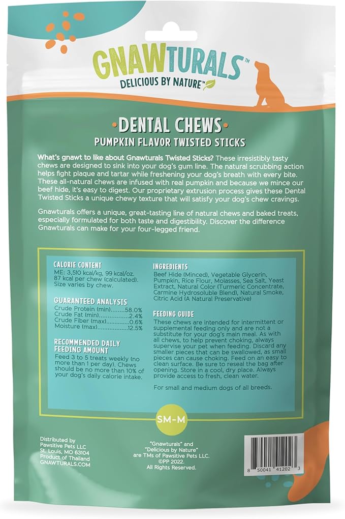 Dental Chews Twisted Sticks | for Medium and Large Dogs | USA Sourced Beef-Hide | Natural Scrubbing Action to Fight Plaque and Tartar While Refreshing Your Dog's Breath (5 Sticks, Pumpkin)