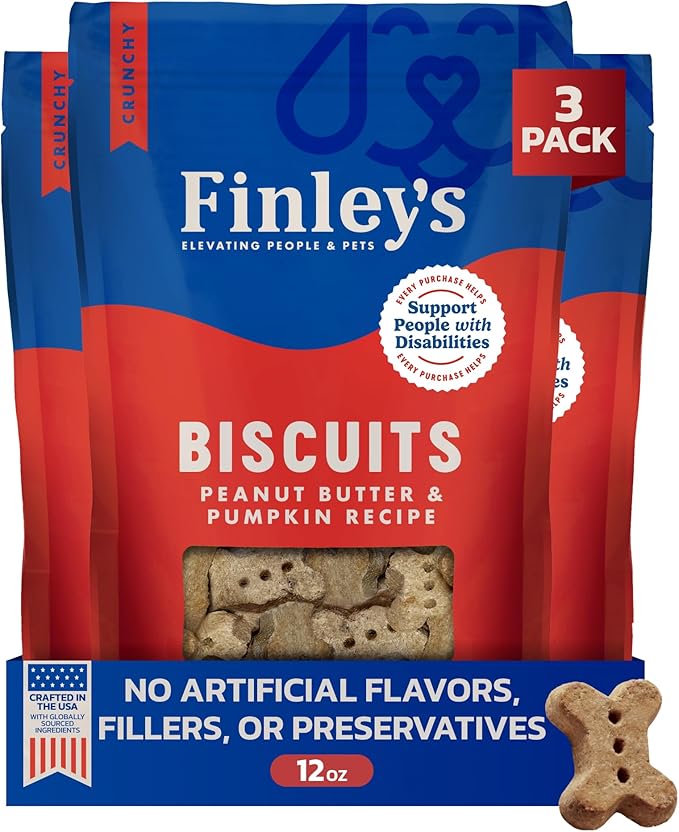 Finley's Crunchy Dog Biscuits, Peanut Butter and Pumpkin, Plant-Based Healthy Treats, Oven Baked Dog Cookies, 12oz, 3 Pack