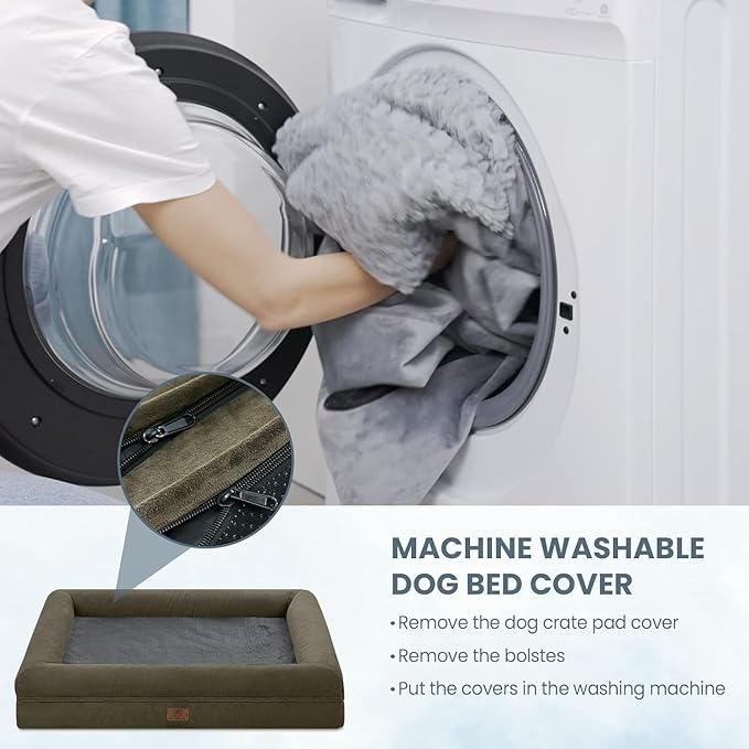 XL Dog Bed for Large Dogs, Orthopedic Dog Bed Egg Crate Foam with Removable Washable Cover, Waterproof Non-Slip Big Pet Sofa with 4-Sides Removable Bolster, Forest Green